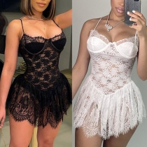 Sexy Backless V-neck High Waist See-through Lace Sling Dress