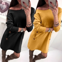 Sexy Oblique Shoulder Long Sleeve Front-pocket Dress