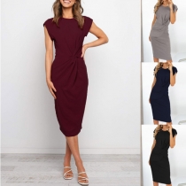 Elegant Solid Color Short Sleeve Round Neck Slim Fit Twisted Dress
