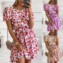Fresh Style Puff Sleeve Round Neck Lace-up Waistline Printed Dress