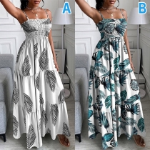 Sexy Backless High Waist Leaf Printed Sling Maxi Dress