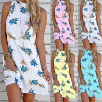 Sexy Backless Sleeveless Round Neck Halter Printed Dress
