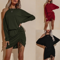 Sexy Off-shoulder Long Sleeve Round Neck Drawstring Hem Solid Color Dress