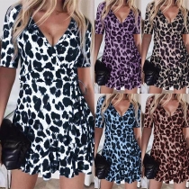 Sexy V-neck Short Sleeve Ruffle Hem Leopard Printed Dress