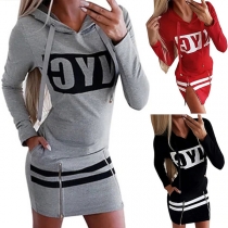 Casual Långärmad Hooded Sweatshirt Klänning med Dragkedja och Bokstäver Tryck