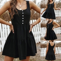 Simple Style Backless Round Neck Sleeveless Front-button Solid Color A-line Dress