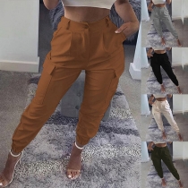 Fashion Solid Color High Waist Side-pocket Casual Pants