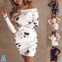 Sexy Off-shoulder Boat Neck Long Sleeve Slim Fit Printed Dress