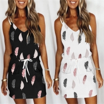 Sexy Backless V-neck Drawstring Waist Feather Printed Sling Dress