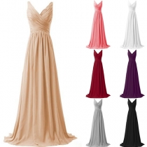 Sexy Backless V-neck High Waist Solid Color Sling Party Dress