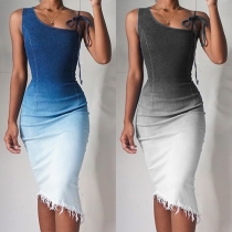 Sexy One-shoulder Sleeveless Irregular Tassel Hem Color Gradien Party Dress (Size falls small)