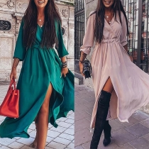 Sexy V-neck Slit Hem Long Sleeve High Waist Solid Color Dress