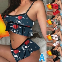 Sexy Backless Ruffle Hem Printed Sling Crop Top + Shorts Nightwear Two-piece Set