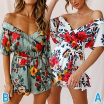Sexy Off-shoulder V-neck Short Sleeve High Waist Ruffle Hem Printed Romper