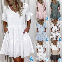 Sweet Style Lotus Sleeve V-neck Loose Dress