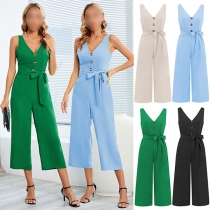 Sexy Lace Spliced V-neck Sleeveless High Waist Solid Color Wide-leg Jumpsuit