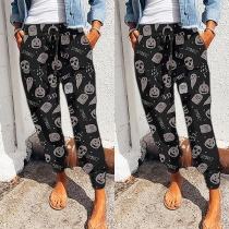 Casual Style Elastic Waist Skull Head Printed Loose Pants