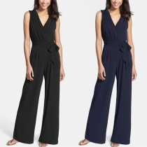 Sexig V-ringad ärmlös Jumpsuit med hög midja och vida ben