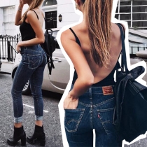 Sexy Backless Sleeveless Round Neck Solid Color Bodysuit