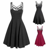 Sexy Backless V-neck Lace Spliced High Waist Sling Dress