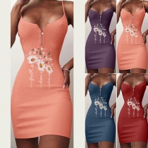 Sexy Backless V-neck Front Printed Slim Fit Sling Dress