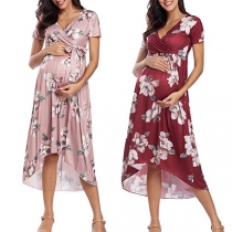 Sexy V-neck Short Sleeve High Waist High-low Hem Printed Tie-belt Maternity Dress
