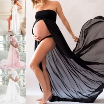 Sexy Off-shoulder Boat NeckSlit Hem Solid Color Chiffon Maternity Dress