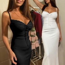 Sexy Backless Lace-trim V-neck Solid Color Slim Fit Sling Dress