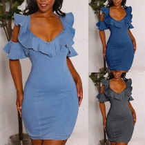 Sexy Off-shoulder Short Sleeve V-neck Ruffle Tight Denim Dress