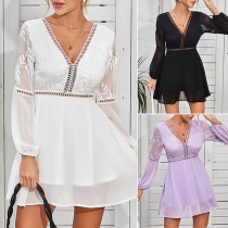 Sexy Backless V-neck Gauze Spliced Long Sleeve Embroidered Dress