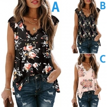 Fashion Lace Spliced Sleeveless V-neck Printed T-shirt Top