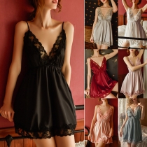 Sexy Backless V-neck Lace Spliced Solid Color Sling Nightwear Dress