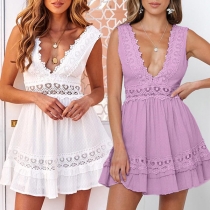Sexy Backless Deep V-neck Sleeveless Solid Color Lace Spliced Dress