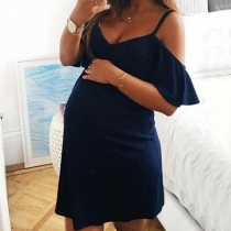 Sexig off-shoulder Lotusärm V-ringad enfärgad slingklänning