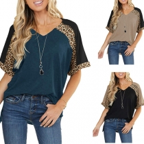 Fashion Leopard Spliced Short Sleeve V-neck Contrast Color Loose T-shirt
