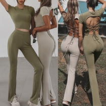 Sexy Lace-up Backless Short Sleeve Crop Top + Pants Sports Two-piece Set