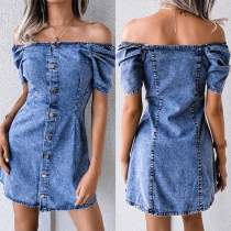 Sexy Off-shoulder Boat Neck Short Sleeve Single-breasted Denim Dress