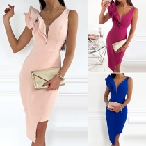 Sexy Deep V-neck Sleeveless Irregular Hem Ruffle Party Dress