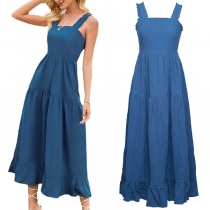 Sexy Backless Square Collar High Waist Solid Color Ruffle Hem Sling Dress
