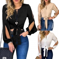 Sexy Hollow Out V-neck Slit Long Sleeve Knotted Hem Solid Color Top