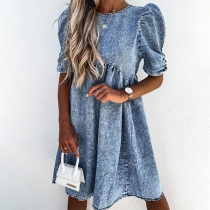 Retro stil halvärm rund hals lös denimklänning