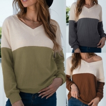 Fashion Contrast Color Long Sleeve V-neck Knit Top