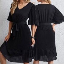Elegant Solid Color Short Sleeve V-neck Lace-up Chiffon Dress