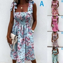 Sexy Backless Square Collar Knotted Sling Printed Summer Dress