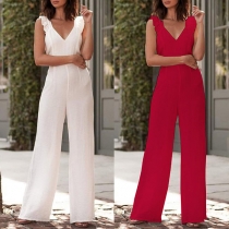 Sexig rygglös djup V-ringad ärmlös jumpsuit i hög midja i röd ton