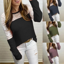Sexy Hollow Out Lace Spliced Long Sleeve Round Neck Top