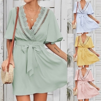 Sexy Lace Spliced V-neck Trumpet Sleeve High Waist Tie-belt Dress