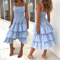 Sexy Backless Elastic High Waist Cake Hem Solid Color Sling Dress