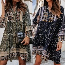 Bohemian Style Trumpet Sleeve V-neck Loose Printed Dress