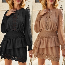 Fashion Lace Spliced Long Sleeve Round Neck Elastic Waist Dress